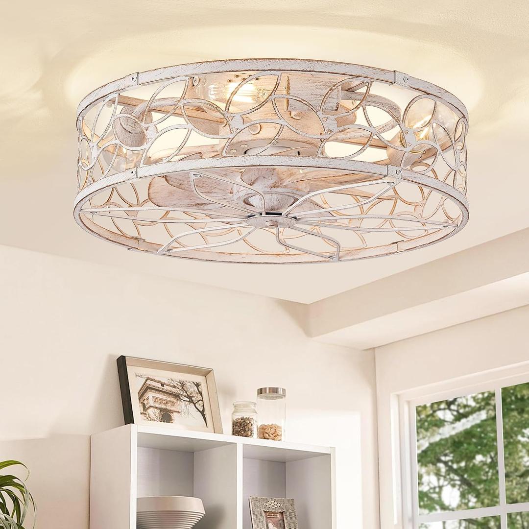 LEDIARY Caged Ceiling Fans with Lights, White Flush Mount Ceiling Fan with Remote&App, Small Low Profile Bladeless Ceiling Fan Light Fixture for Bedroom, Kitchen, Dining Room- White Gold, Medium