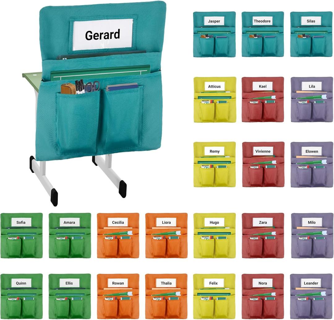 24 Pack Chair Pockets for Classrooms, 20 x 17 Inch Classroom Chair Pockets with Name Slots and Tags, Chair Pockets for Kindergarten, School, Home, Office (6 Bright Color) (Large)