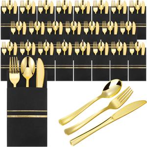 Ireer 25 Set Plastic Silverware Sets with Napkins Plastic Cutlery Set for Guests Wrapped Disposable Silverware Set with Forks Knives Spoons Napkins for Dinner Party Wedding (Black Gold)