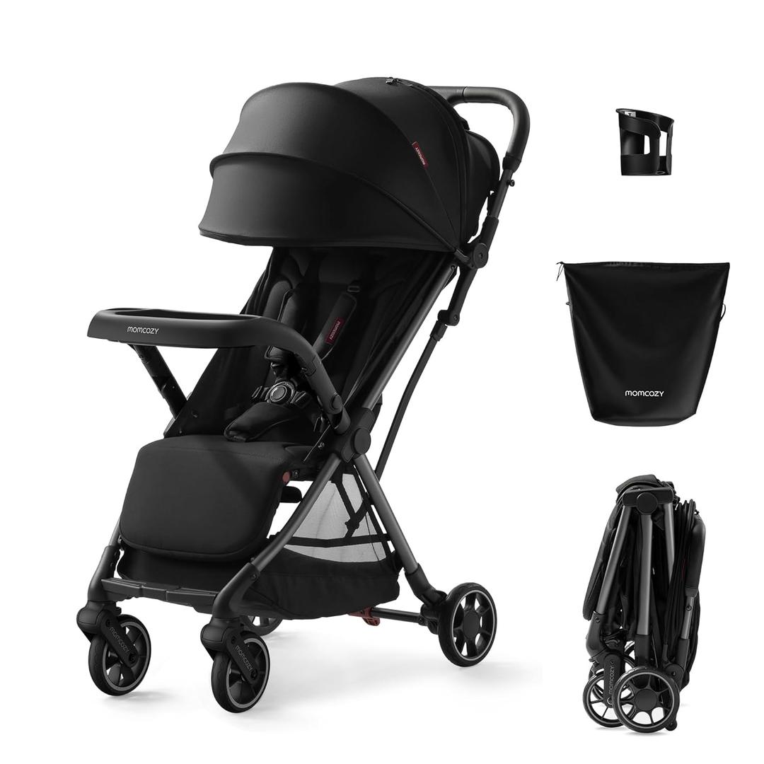 Momcozy ClickGo Lightweight Stroller, Compact Travel Stroller for Airplane with One-Click Fold, Baby Stroller and Toddler Stroller with Large Canopy for Kids from 0 Months, Extendable UPF50+ Canopy (Black)
