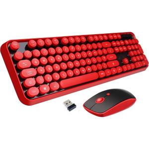 Wireless Keyboard Mouse Combo,2.4GHz Wireless Red Keyboard with 104 Round Retro Typewriter Style Key and Cute Mouse with 3 Adjustable DPI,Compatible with PC, Computer, Laptop, Desktop, Note