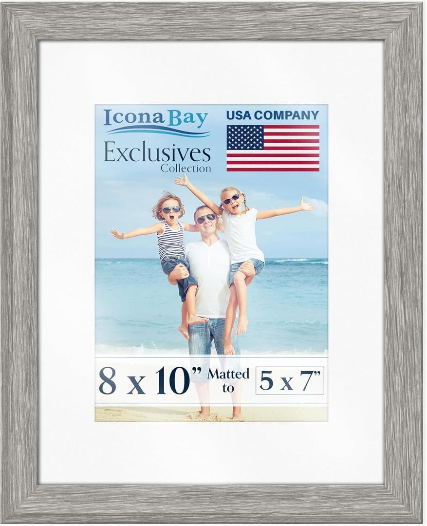 Icona Bay - 8x10 Alder Gray Picture Frame with Mat - Sturdy Wood Composite Photo Frame with Removable 5 x 7 Mat - Sleek Design, Table Top or Wall Mount - Exclusives Collection