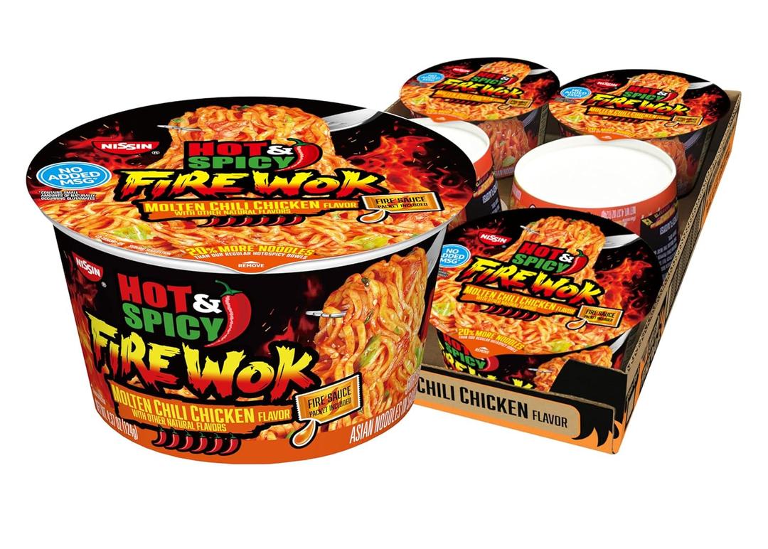 Nissin Hot & Spicy Fire Wok, Molten Chili Chicken, 4.37 Ounce (Pack of 6) (EXP 10/03/26)