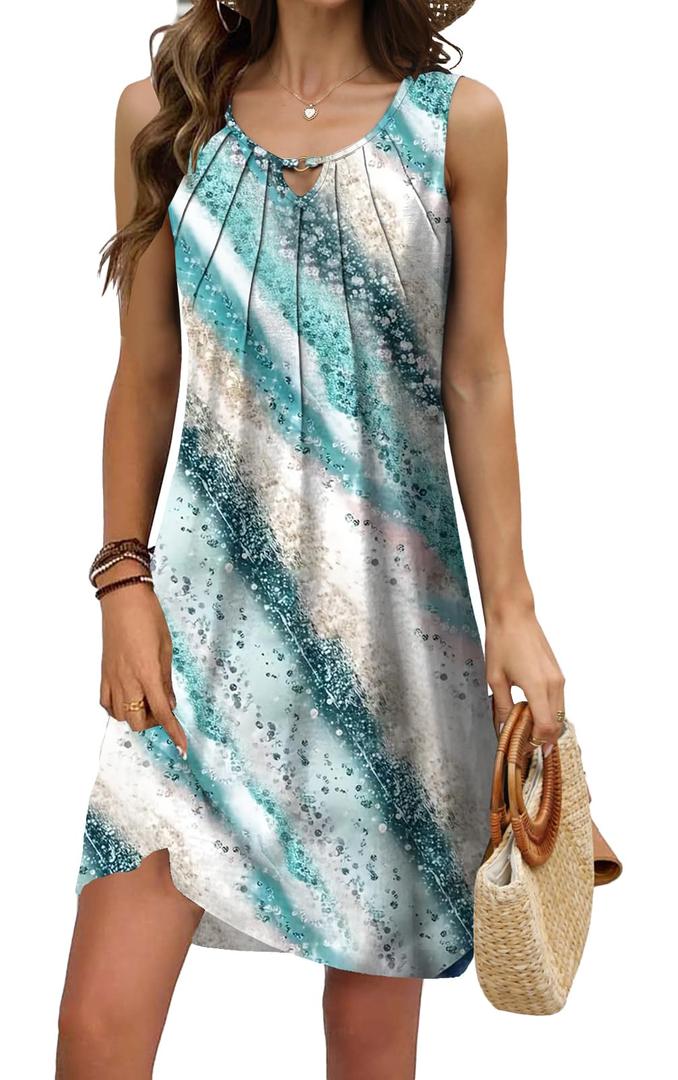 kipfall Pleated Front Summer Dresses for Women 2025 Casual Beach Floral Print Sundress Boho Tank Dress (S)