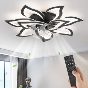 Ceiling Fan with Lights Remote Control, 32" Black Flower Modern Ceiling Fan with Lights, Low Profile Flush Mount Ceiling Fan for Kitchen Bedroom Living Room