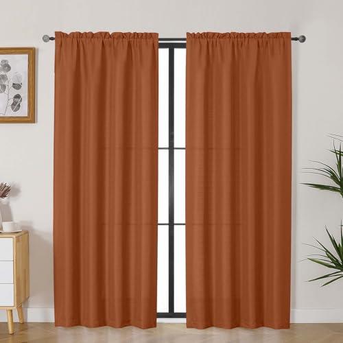 Lecloud Bessie Orange Curtains for Bedroom 72 Inches Long 2 Pcs, Airy Light Filtering Faux Linen Textured Window Curtains for Living Room Decor, Dual Rod Pocket Drapes, Each Panel 40" W x 72" L