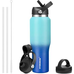 HYDROWION 32oz Water Bottle, Double Wall Vacuum Stainless Steel Insulated Water Flask with Straw Lid, Spout Lid and Flex Cap(Cold for 48 Hrs, Hot for 24 Hrs), Leakproof Travel Thermo Mug, Mint&Cobalt