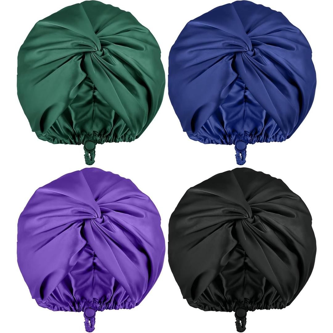 Maiteenly 4 Pcs Adjustable Silk Satin Bonnet for Sleeping Women Double Layer Silk Hair Wrap Sleep Cap Night Turban for Large Long Curly Straight Braid Hair Unisex(Dark Color)