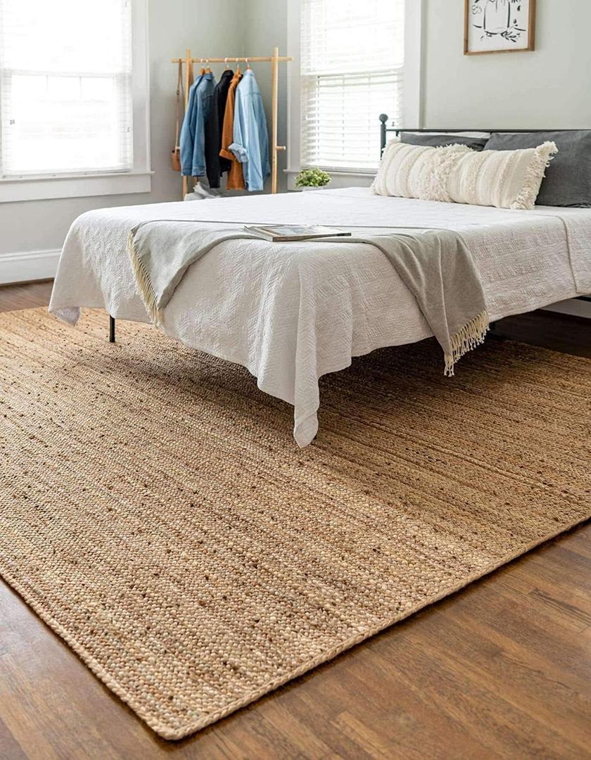 Hand Woven Jute Area Rug 8x10 Feet Rectangle - Handcrafted Braided Design, Indoor & Outdoor Reversible Natural Fiber Rug - Rustic Farmhouse Carpet for Living Room, Hallway, Bedroom (Natural, 8'x10') (Beige)