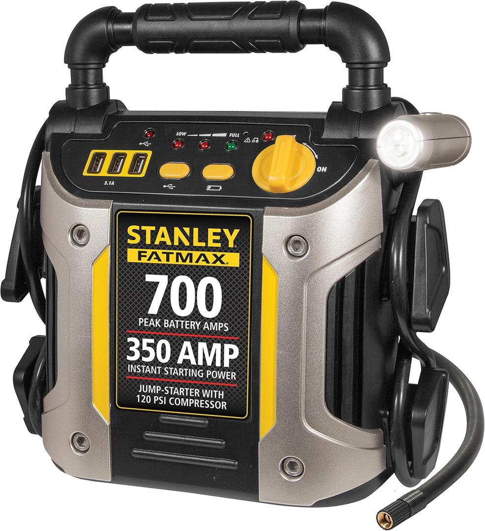Stanley J7CS 700 Peak Amp Automotive Jump Starter, Portable Power Triple 15W USB Ports, 120 PSI Air Compressor