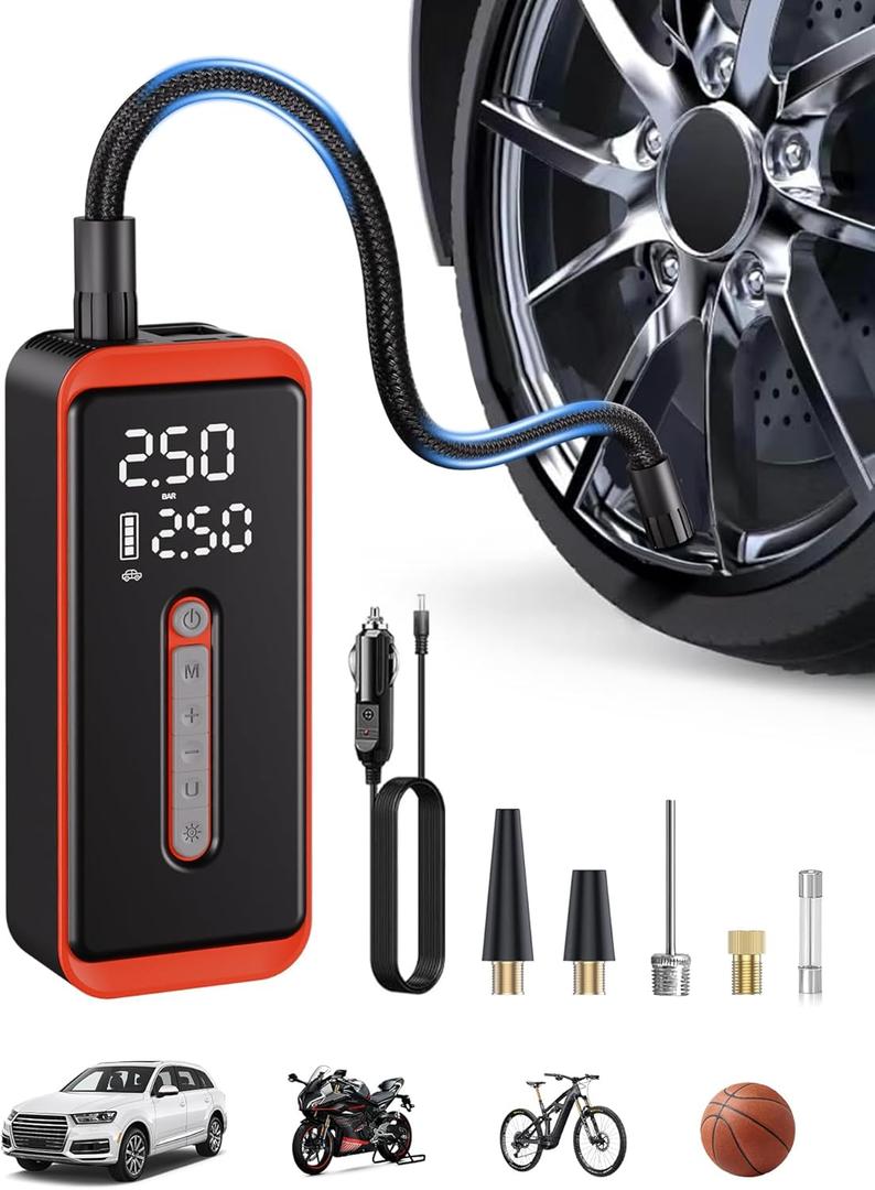ROTOPATA Electric Tire Inflator Portable Air Compressor 12V DC, 150PSI Cordless Air Pump with LED Light & Digital Pressure Gauge for Car Bike Motorcycle Wheel Ball Inflatable(Red)