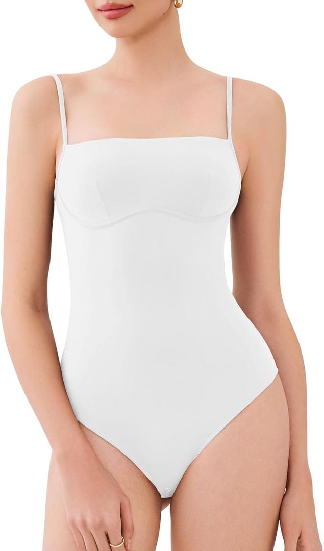 REORIA Womens Bodysuits Spaghetti Strap Double Lined Tank Underbust Square Neck Slim Fit Going Out Tops 2025 Trendy (White, M)