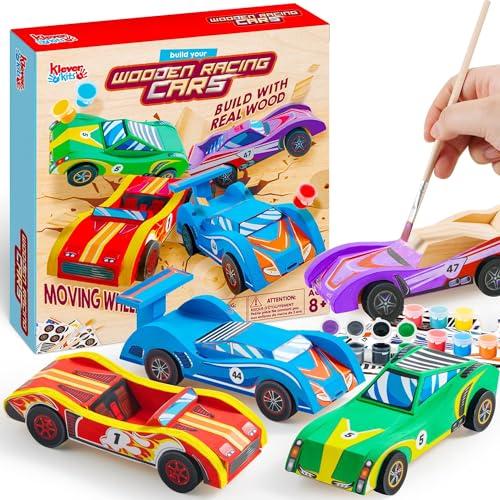 Klever Kits 4 DIY Wooden Race Cars-Build & Paint Your Own Wood Craft Kit, 4 Race Cars Toy, Easy to Assemble Arts Crafts Kit, Birthday Party Presents for Kids Boys and Girls