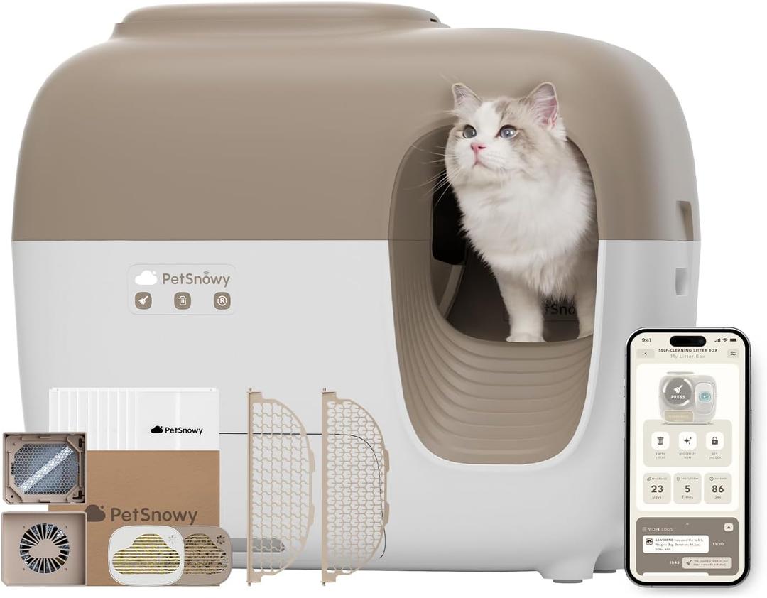 PetSnowy Self-Cleaning Automatic Cat Litter Box with Odor Control TiO2 System, Robot Litter Box with Auto-Packing, App Control, Large Cats & Multiple Cats (2026 Premium Version) (Brown)