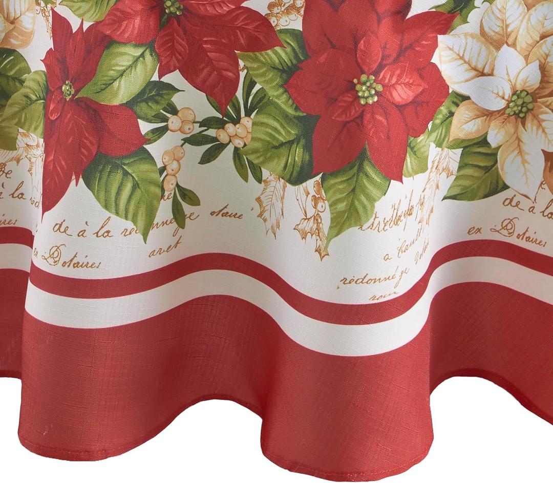 Elrene Home Fashions Red and White Poinsettia Holiday Fabric Wrinkle Resistant Tablecloth, 60" x 84" Oval, Multi
