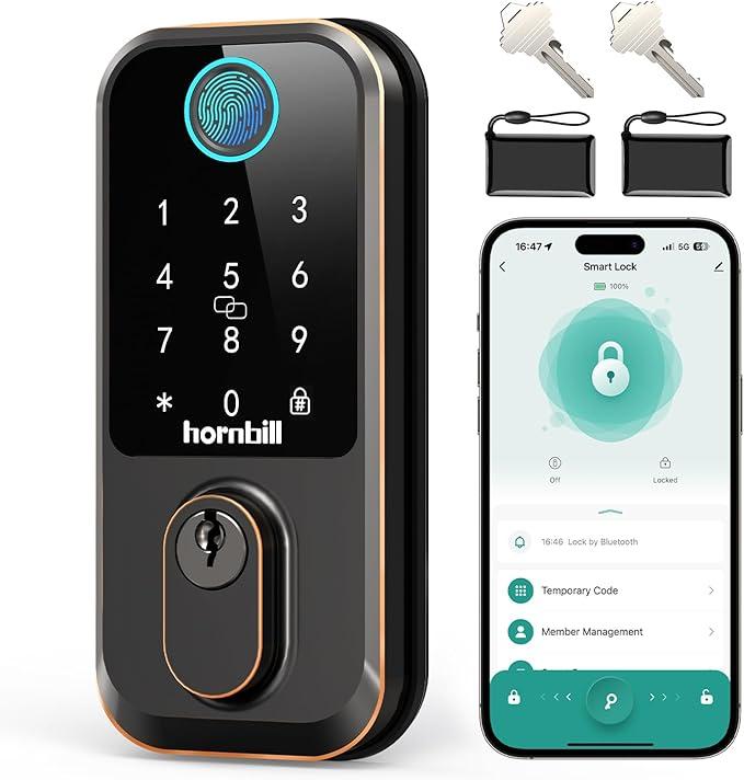 Hornbill WiFi Smart Lock Deadbolt, Keyless Entry Front Door Lock, Fingerprint Electronic Deadbolt Compatible with Alexa, Touchscreen Keypad Code Unlock for Home Office Hotel