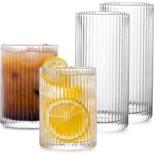 Drinking Glasses with Origami Style Set of 4pcs Glass Cups,2 Highball Glasses & 2 Rocks Glasses,Elegant Ripple Vintage Glassware,Iced Coffee Glasses,Ideal for Cocktail, Whiskey, Beer, Juice, Water