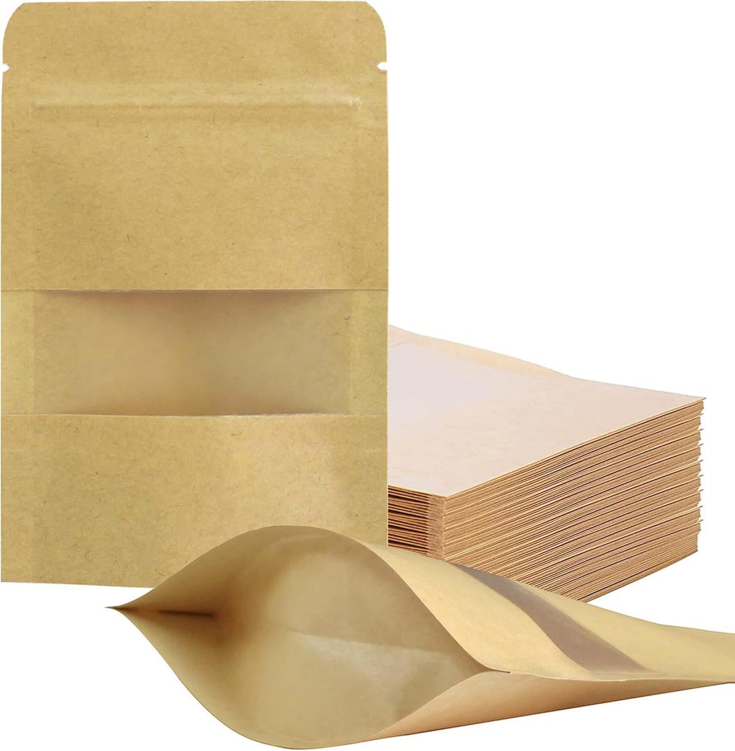 FireKylin 100 Pcs Paper Bags Resealable Bags, Inner dimensions 2.9" x 3" (Outer Size 3.5" x 5.5") Zipper Food Storage Bags, Stand Up, with Matte Window, Reusable, Sealable, for Packaging Products (Brown)