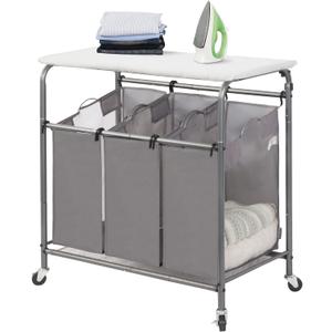 STORAGE MANIAC 3-Section Laundry Sorter with Foldable Ironing Board, Heavy-Duty Rolling Laundry Cart with and Removable Bags, Triple Laundry Hamper with Wheels, Dark Grey, 31.5 x 15.8 x 33 inches