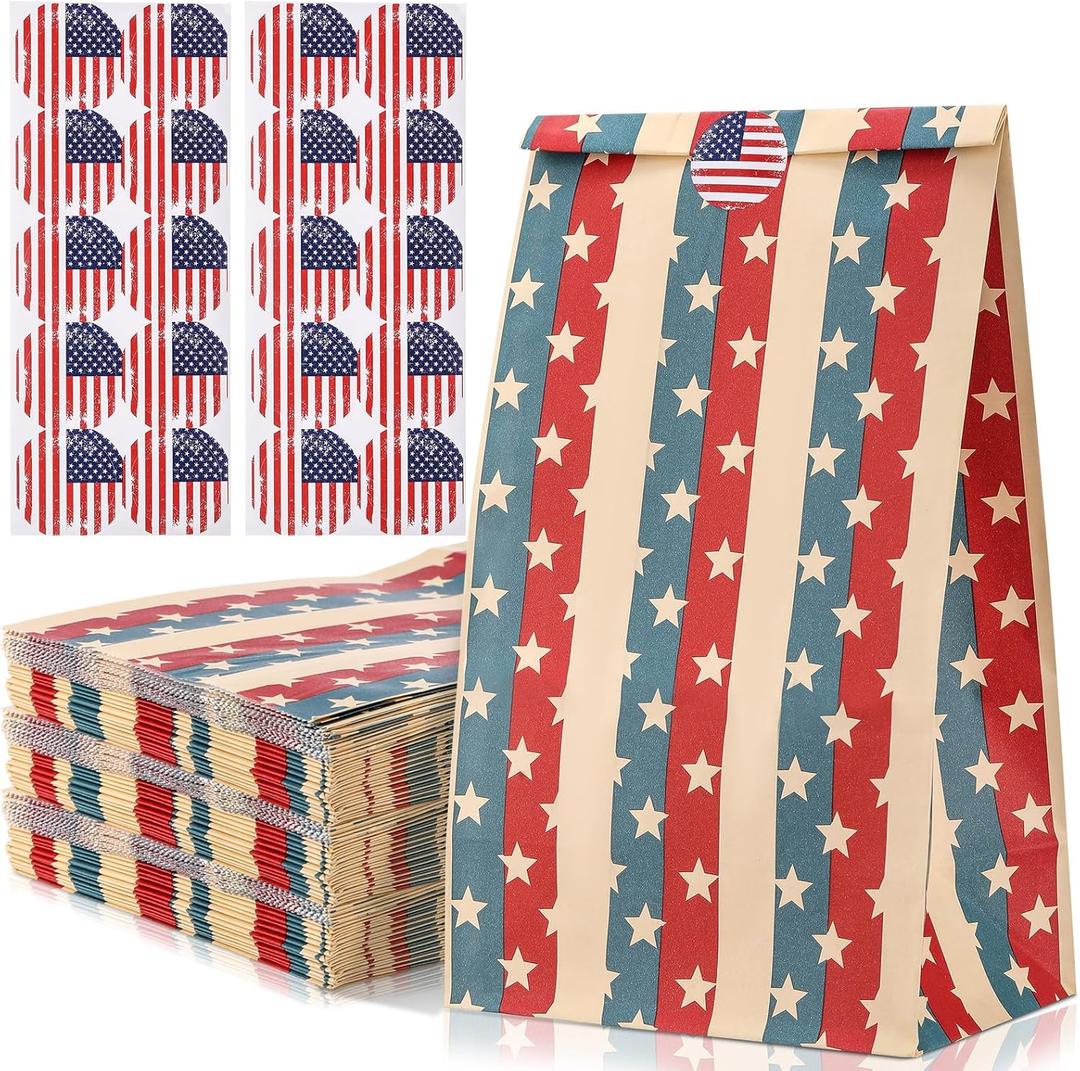 Kolldenn 60 Sets Patriotic Kraft Treat Bags with Stickers American Flag Stars Stripe Army Military Snack Goodie Gift Wrapping Bag for 4th of July Independence Veteran Day Memorial Party Favor