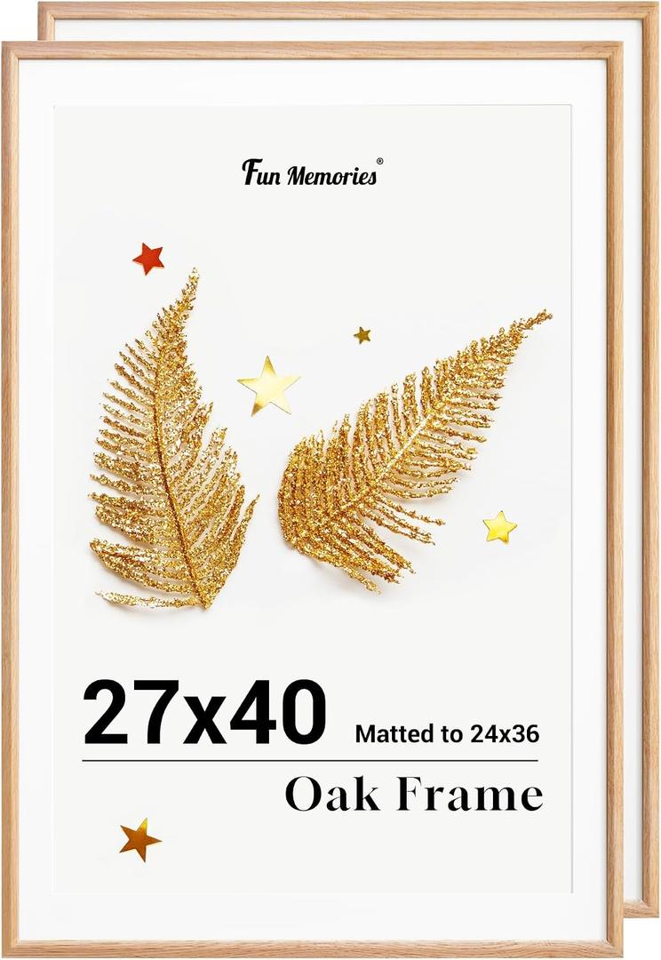 Fun Memories 27x40 Poster Frame, Solid Oak Wood Picture Frames, Modern Photo Frame for Wall 27x40 with 24x36 Mat, High Definition Plexiglass & Wall Hook Included (Beige, 2 Pack)