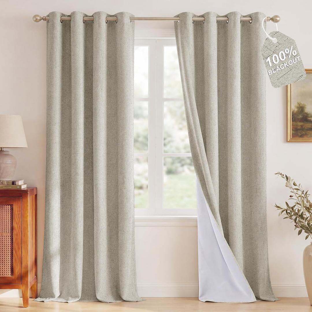 NICETOWN 100% Blackout Linen Beige Curtains 84 inches Long for Living Room, White Liner Composite Grommet Bedroom Thermal Drapes Casual Home Decor Window Treatments, 2 Panels, W52 x L84