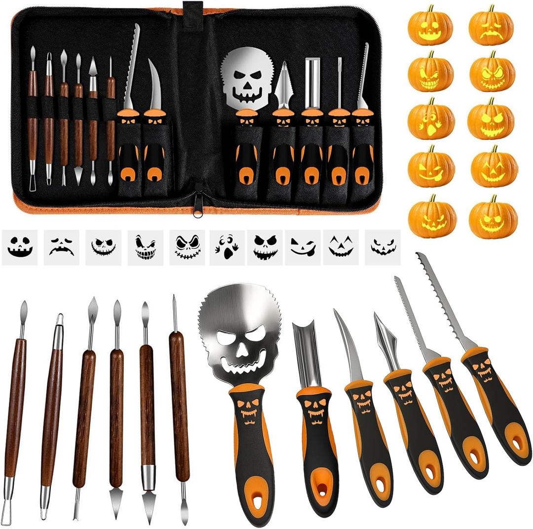 Pumpkin Carving Kit  Professional Heavy Duty Stainless Steel Pumpkin Carving Tools Set with Stencils and Carrying Case for Halloween Pumpkin Lantern Decorations