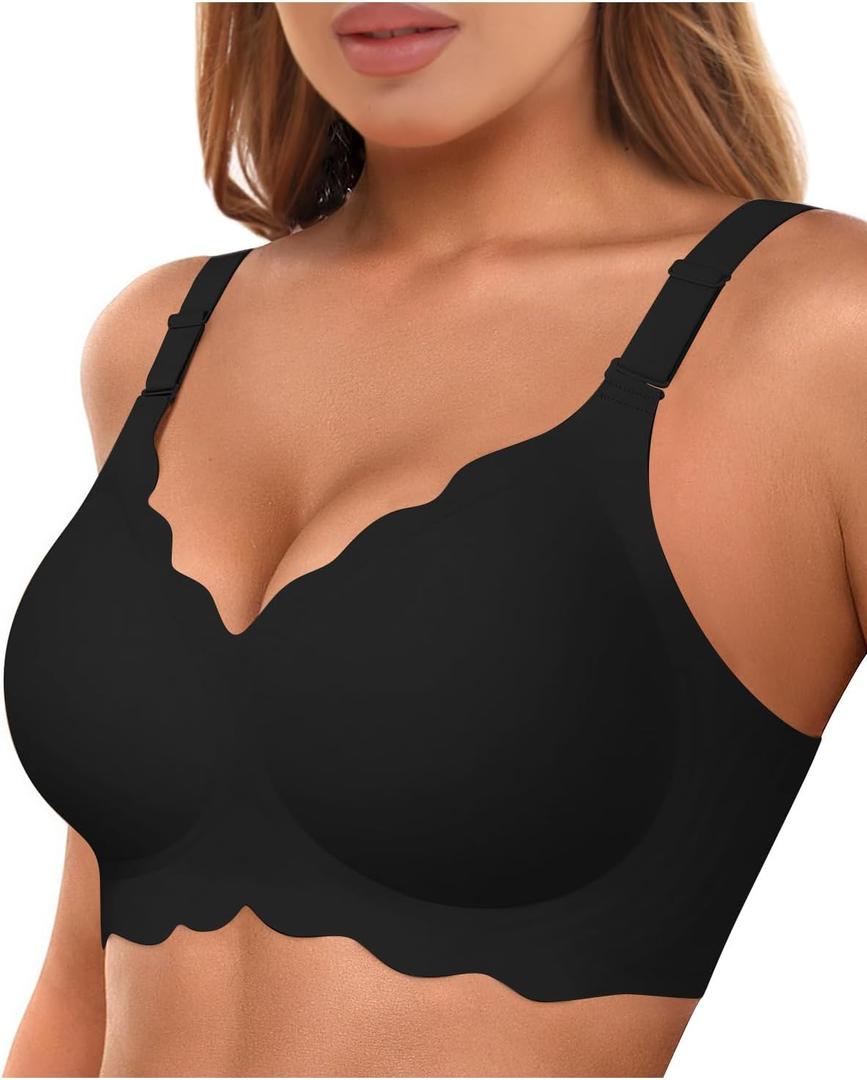 Bras for Women No Underwire Wireless Bras with Support & Lift Seamless Scalloped Full Coverage Tshirt Bra (Large, Black)