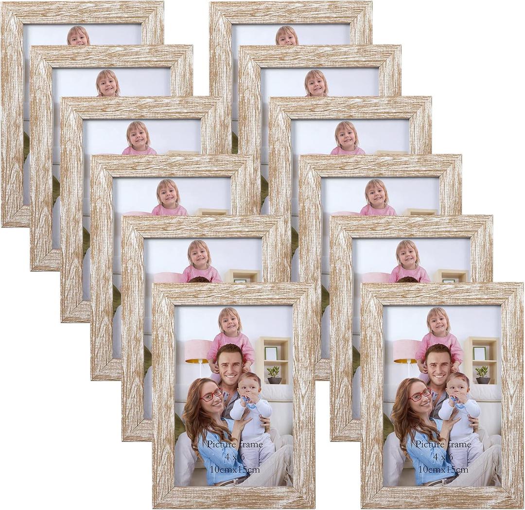 Giftgarden 4x6 Picture Frame Distressed Beige White Set of 12, Multi Rustic Wood Grain 4 by 6 Photo Frames Bulk for Wall or Tabletop Display