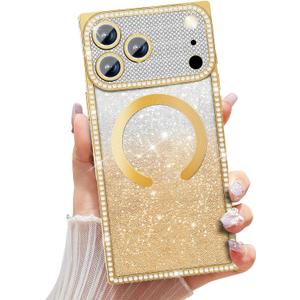 Misscase Magnetic Glitter Case for iPhone 17 Pro 6.3 Inch, Camera Protection, Compatible with MagSafe, Rectangle Cute Bling Sparkle Diamond Colorful Phone Cover, Drop-Tested & Shockproof-Gold