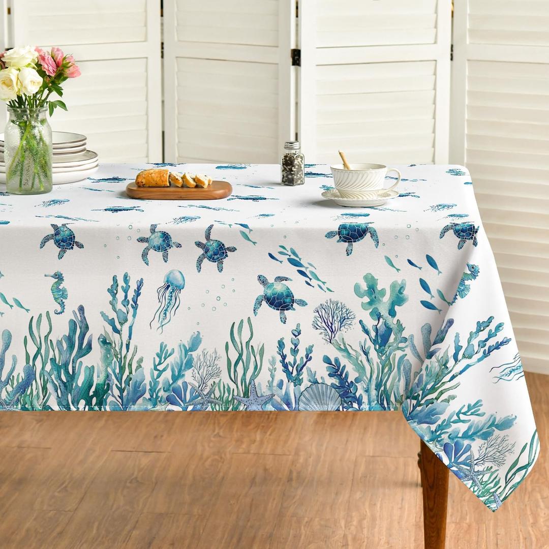 Horaldaily Summer Tablecloth 60120 Inch Rectangular, Sea Turtle Seaweed Jellyfish Blue Spring Washable Table Cover for Party Picnic Dinner Decor