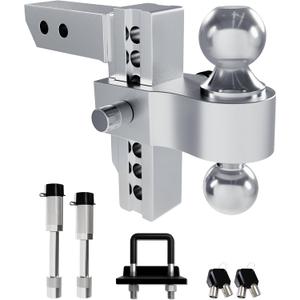 RETRUE 6 Inch Rise/Drop Hitch Ball Mount(Fits 2 Inch Receiver), Adjustable Trailer Hitch, 12,500 LBS GTW- Heavy Duty Aluminum Tow Hitch for Truck with Hitch Tightener & 2 Anti-Theft Locks (Silver)