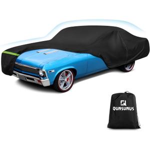 QUNSUNUS Waterproof Car Cover for Chevy Nova 2-Door 1968-1979, Outdoor Car Covers with Zipper, All Weather Cover with Straps and Elastic Edges for Wind, Sun, UV and Dust Protection