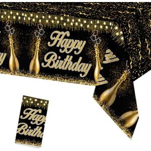 1pc Black Gold Happy Birthday Party Tablecloth,87 x 51 Inch Plastic Table Cloth,Adults 30th 40th 50th Decor,Birthday Party Suppies Table Cover
