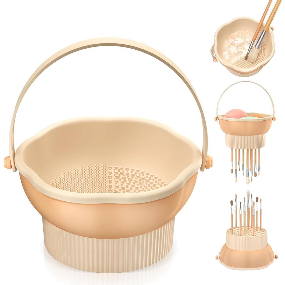 senbowe 3 in 1 Makeup Brush Cleaner Mat, Silicone Makeup Brush Cleaner Bowl Cosmetic Brushes Cleaning Pad Tool Organizer for Storage and Air Drying, Make Up Brush Washing Tool for Sponge (Khaki)