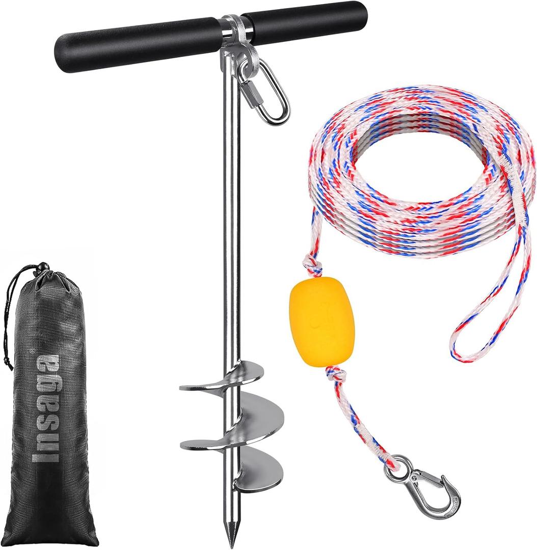 Insaga 17''/26''/36'' Sand Anchor for Boat with 32ft Rope, 304 Stainless Steel Boat Sand Anchor with Crossbar, Screw in Boat Anchor for Kayak, Jet Ski, Pontoon, Shallow Water, Beach and Sandbar Use