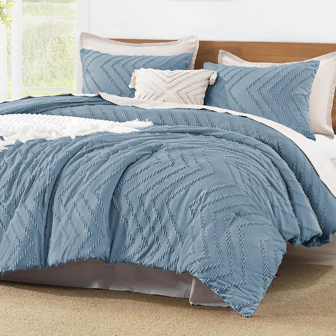 Litanika Comforter Oversized King Size Set Grayish Blue, 3 Pieces Chevron Tufted Bedding Comforter Sets, Fluffy Bed Set