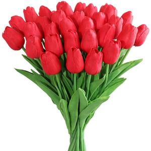 Kisflower 30Pcs Latex Tulips Real Touch Red Artificial Flowers Fake Tulips Arrangement Bouquet for Home Office Wedding Decor (Red)