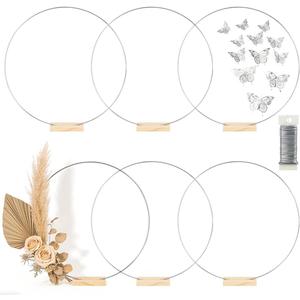 6 Pack Floral Hoop with Stand and 38-Yard Paddle Wire 24 Inch Metal Rings for DIY Centerpiece Table Decorations Crafts Macrame Rings Hoop Wreath Dream Catcher Rings Wedding Christmas Wreaths, Silver