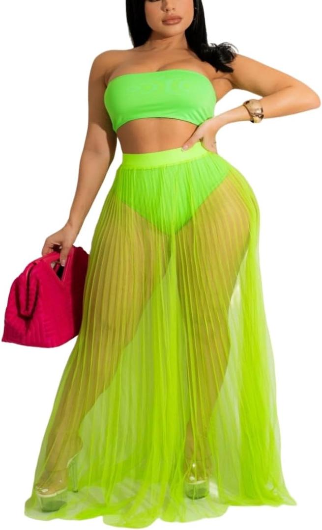 Women's Sexy See Through Mesh Bandeau Skirt with Shorts 2 Pieces Set Dress (Neon Green)