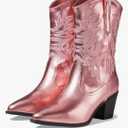 SHODENSE Women Metallic Western Ankle Boots Chunky Heel Pointed Toe Embroidered Cowboy Boots Mid Calf Pull On 3 Inch Block Heel Ankle Booties Cowgirl Wide Calf Vintage Fashion Party SIZE 8.5