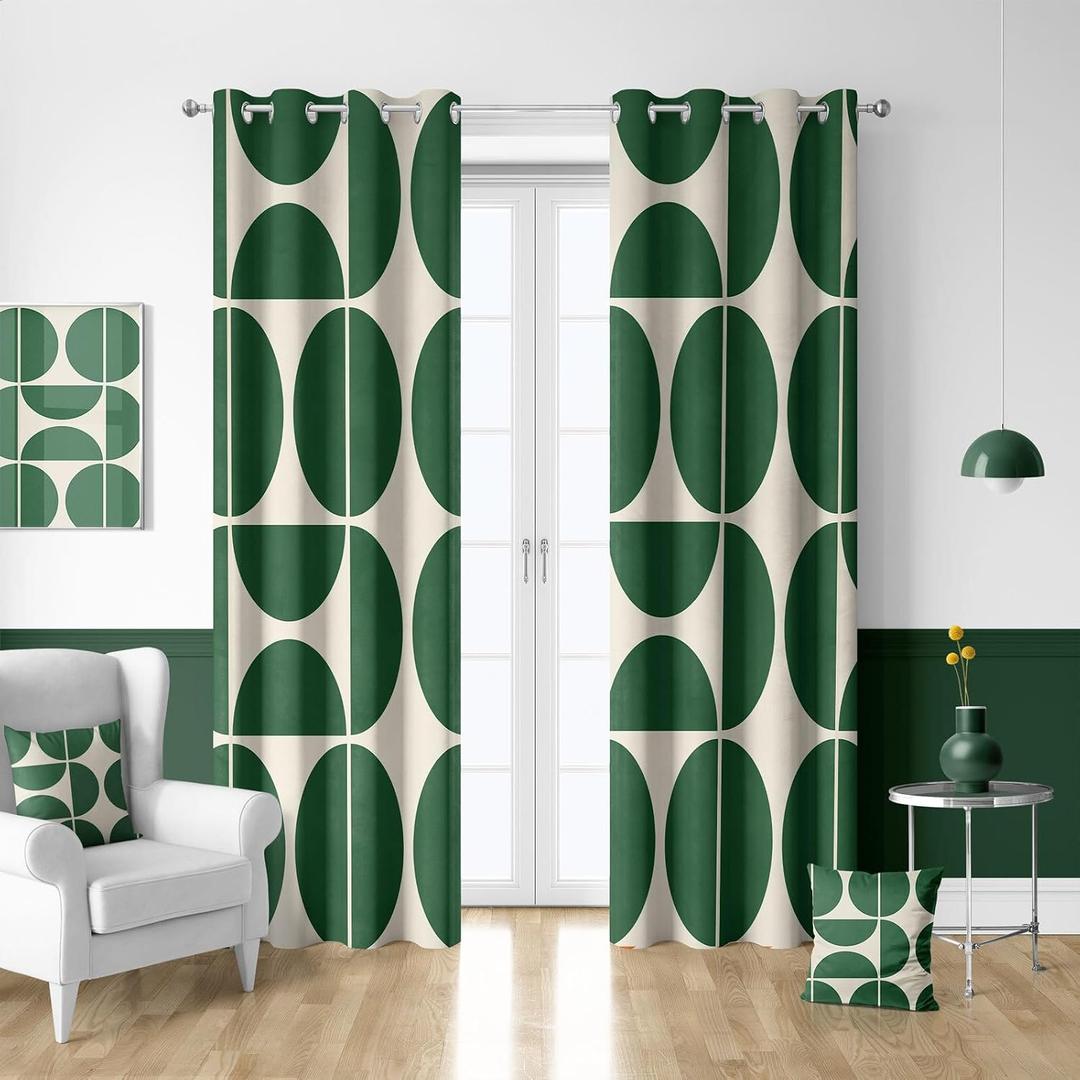 Green and Beige Modern Geometric Blackout Curtains, Mid Century Retro Abstract Curtains for Bedroom, Boho Unique Semi Circle Pattern Insulated Shading Room Window Drapes 2 Panels Set, 52Wx84L