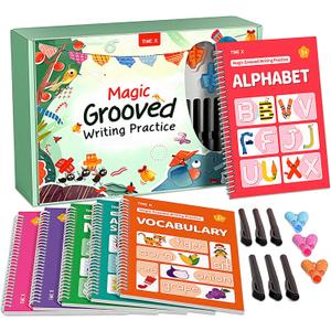 TIME X Magic Grooved Writing Practice Books, Reusable 3D Groove Handwriting Practice Workbooks for Kids Ages 3-8, Large Preschool Writing Books with Disappearing Ink for Kids 5-7 (Practice 6-Books)
