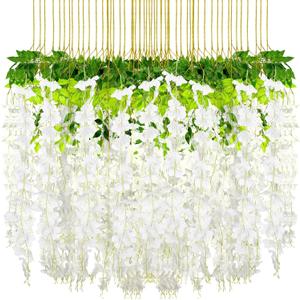 Riceshoot 240 Pcs Wedding Artificial Wisteria Hanging Flowers Floral Backdrop Garland 43.3 in/ 3.6 ft Silk Fake Wisteria Vine Rattan Long Wall String for Home Outdoor Party Decoration(Milky White)