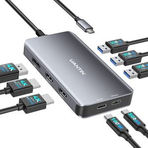 USB C Docking Station Dual Monitor Adapter for Laptop, 8-in-1 Docking Station for 3 Monitors, 4K@60Hz USB C Dock Dongle with 2 HDMI+DP, 5Gbps USB A & C, 100W PD, for MacBook, Dell, HP, Surface