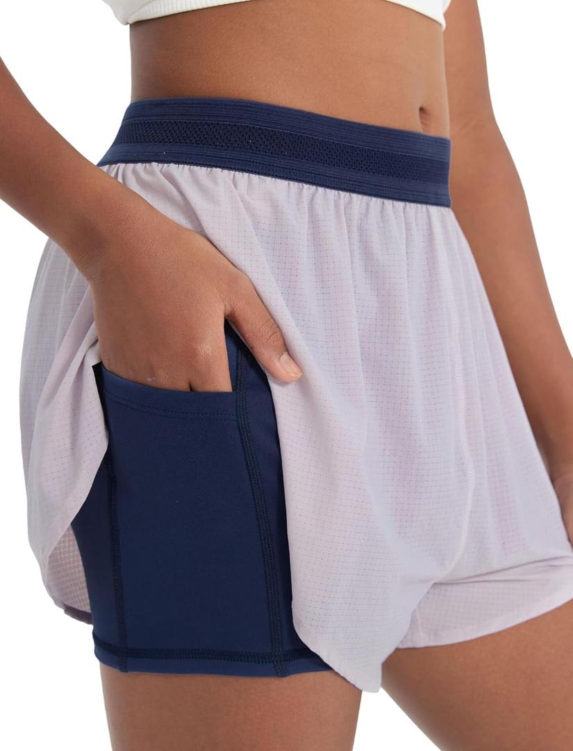 PATPAT Girls 2-in-1 Shorts, Ultra-Light Quick-Dry Active Shorts with Bamboo Viscose Liner for Kids Soccer Dance Biker Sports (Lavender Haze)