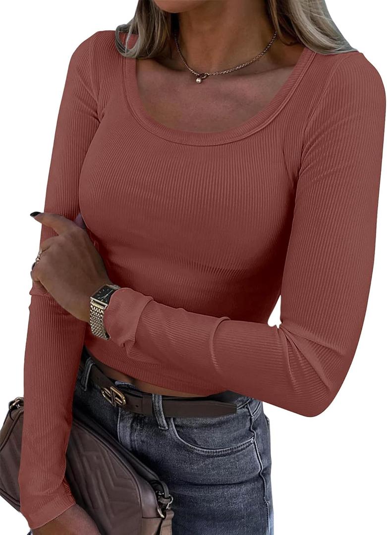 ANRABESS Women Long Sleeve Crop Tops Scoop Neck Ribbed Knit Tight Slim Fit 2025 Fall Going Out Sexy T-Shirts Basic Tee Shirts (Medium, Maroon)