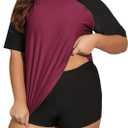 Womens Plus Size Short Sleeve Rash Guard Sets Swim Shirts with Shorts Two Piece Swimsuit UPF50+ (3X, Burgundy+black Bottoms)