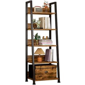 Bookshelf, 55 Inch 5-Tier Ladder Shelf Bookcase with Free Storage Box, Rustic Brown Wooden Storage Shelf for Living Room, Bedroom, Kitchen, Narrow Space-Saving Design