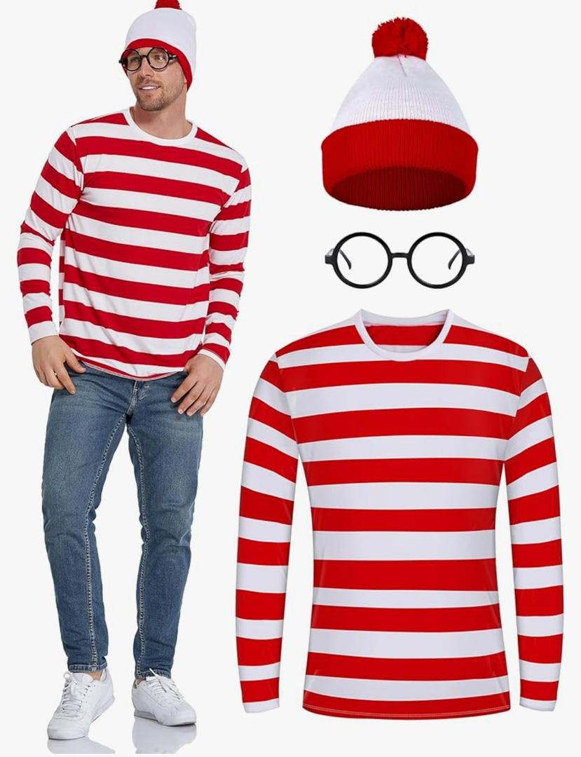 URATOT Adult Men Halloween Costume Sets Red and White Striped Tee Shirt Beanies with Nerd Glasses M